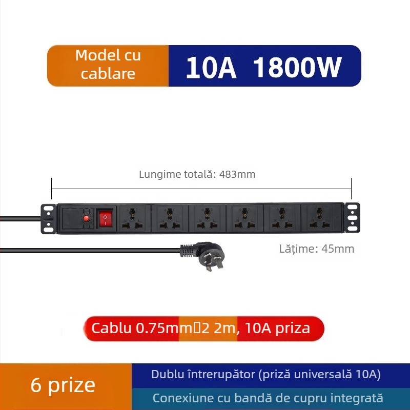 Priză de cablu pentru dulap PDU, 10A, 2500W, carcasă din PC ignifugă, pentru dulap centru de calcul