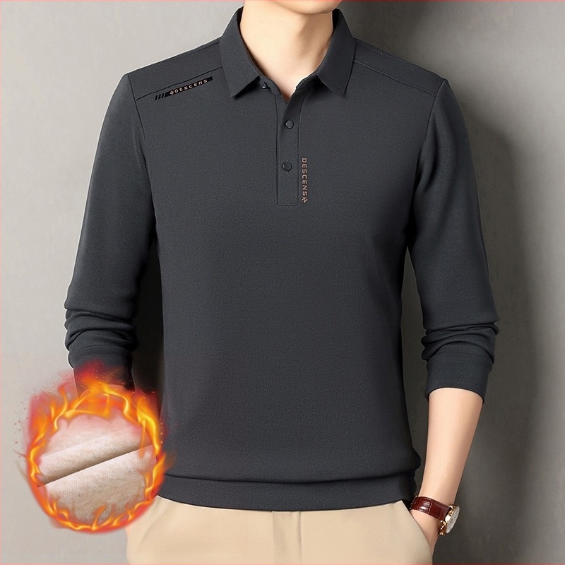 Tricou polo bărbătește cu fleece pe interior pentru iarnă — croială slim, mâneci lungi, unicolor