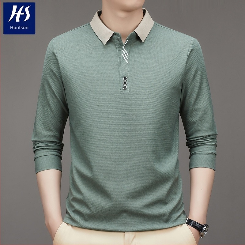 Tricou polo bărbătește cu țesătură gofre, guler rever, mâneci lungi, material din amestec poliester, toamnă 2024