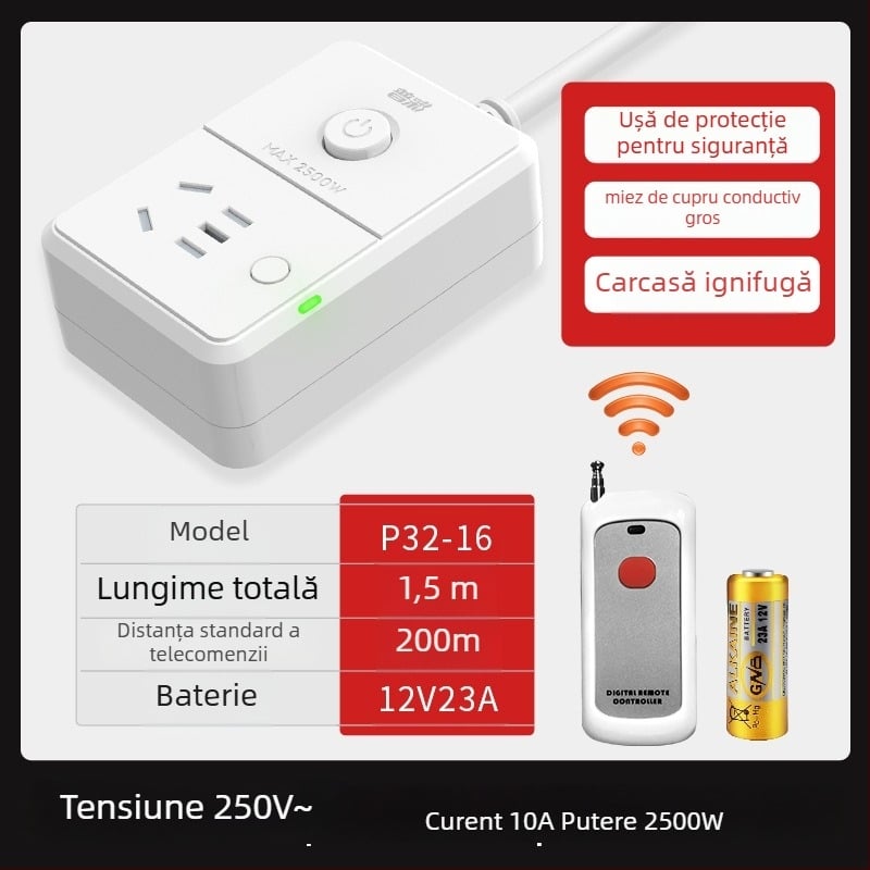 Pucai priză cu telecomandă wireless, 220V, 10A, 2500W, cu protecție la șocuri electrice