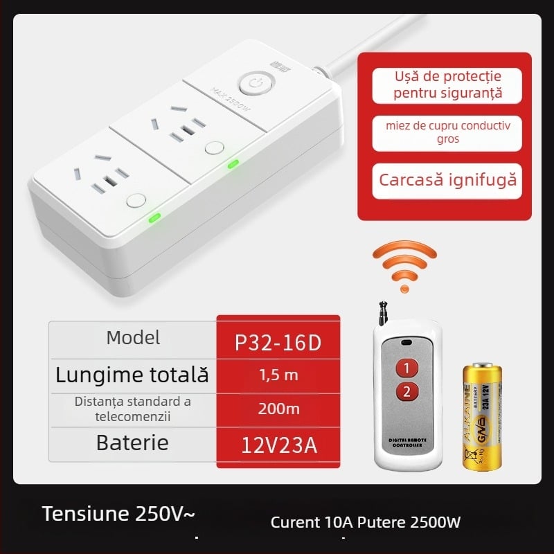 Pucai priză cu telecomandă wireless, 220V, 10A, 2500W, cu protecție la șocuri electrice
