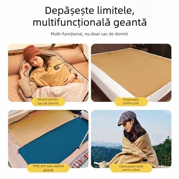 Sac de dormit tip plic, material exterior și căptușeală 100% poliester, greutate 500 g, destinat adulților, potrivit pentru hoteluri, camping, sufragerie și birou.