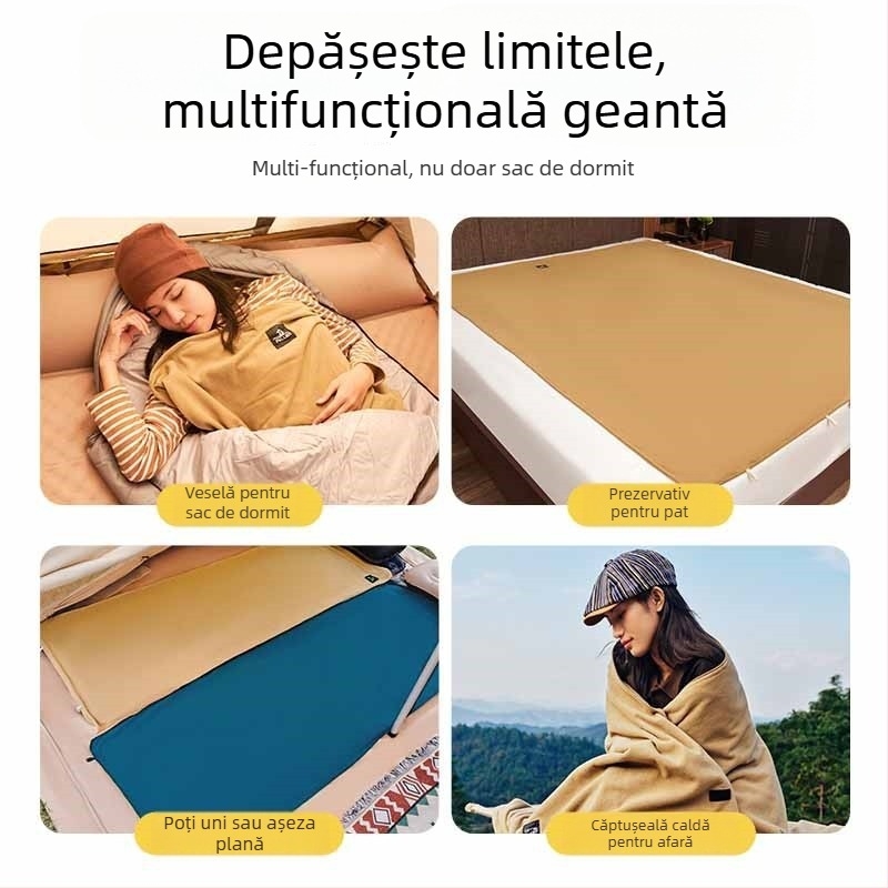 Sac de dormit tip plic, material exterior și căptușeală 100% poliester, greutate 500 g, destinat adulților, potrivit pentru hoteluri, camping, sufragerie și birou.