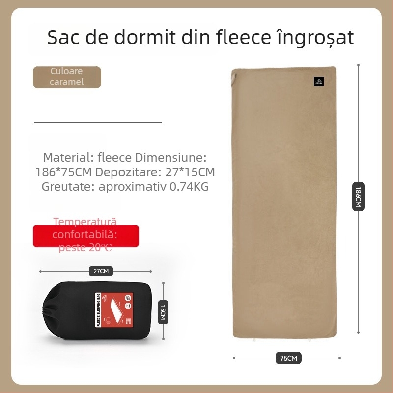 Sac de dormit tip plic, material exterior și căptușeală 100% poliester, greutate 500 g, destinat adulților, potrivit pentru hoteluri, camping, sufragerie și birou.