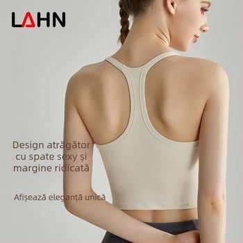 LAHN Sutien sport bustier cu un singur piesă, cupă modelată 3/4, bretele fixe dublu, Nylon/Spandex