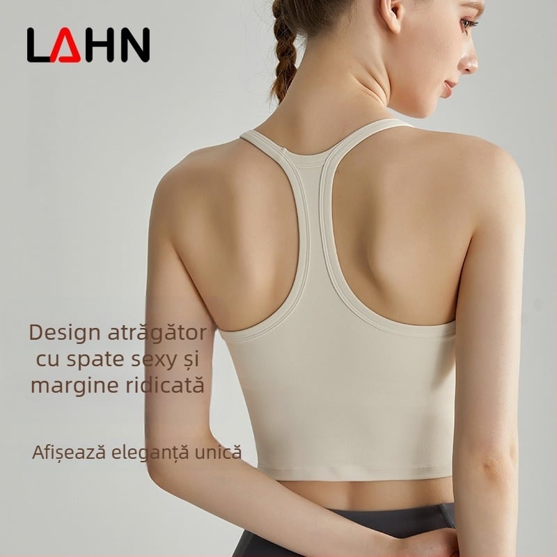 LAHN Sutien sport bustier cu un singur piesă, cupă modelată 3/4, bretele fixe dublu, Nylon/Spandex