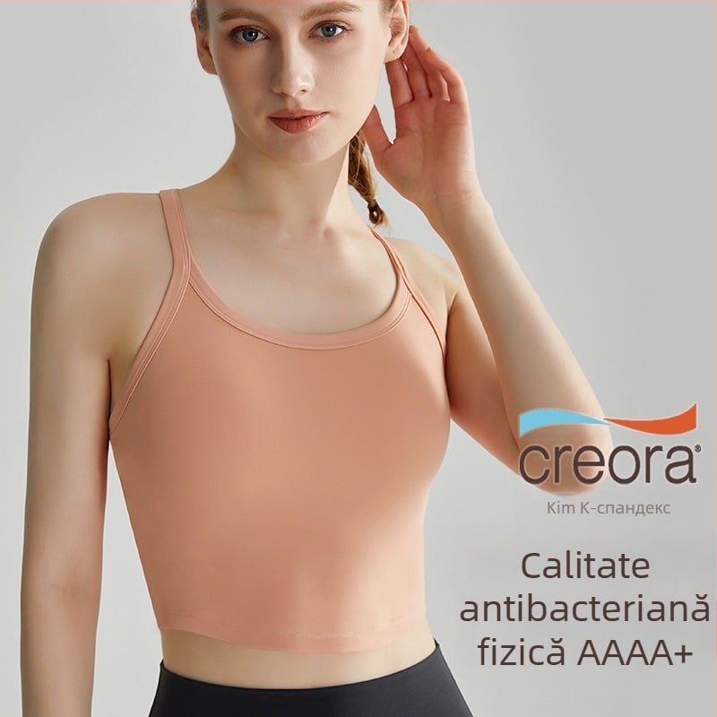 LAHN Sutien sport bustier cu un singur piesă, cupă modelată 3/4, bretele fixe dublu, Nylon/Spandex