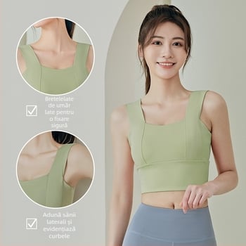 Sutien sport cu bretele late, pentru alergare, fitness și yoga; cupe modelate, cupă completă; bretele fixe, duble; fără inele metalice; Material: 82.5% poliester, 17.5% spandex; căptușeală: spandex.