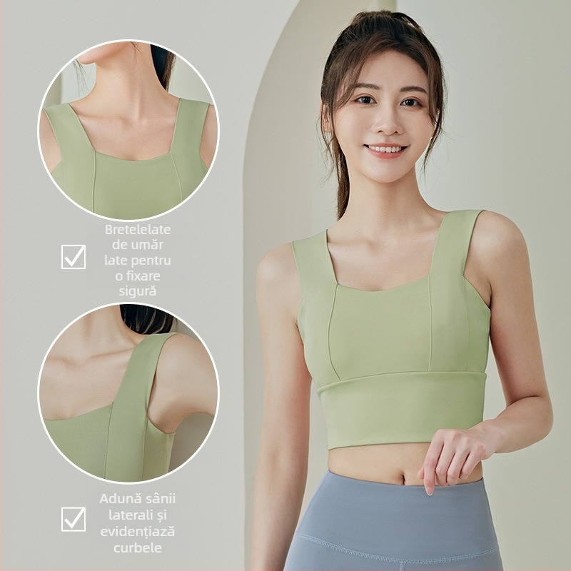 Sutien sport cu bretele late, pentru alergare, fitness și yoga; cupe modelate, cupă completă; bretele fixe, duble; fără inele metalice; Material: 82.5% poliester, 17.5% spandex; căptușeală: spandex.