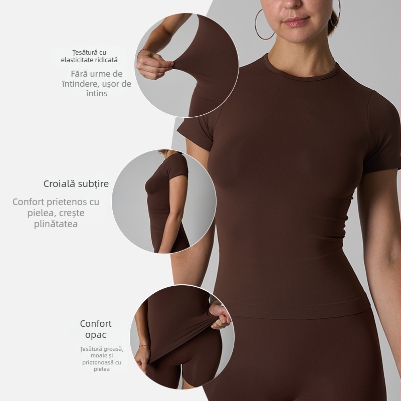 Tricou fără cusuri pentru femei, cu guler rotund, respirabil, din nailon tricotat, mâneci scurte, 82% nailon, pentru toate anotimpurile