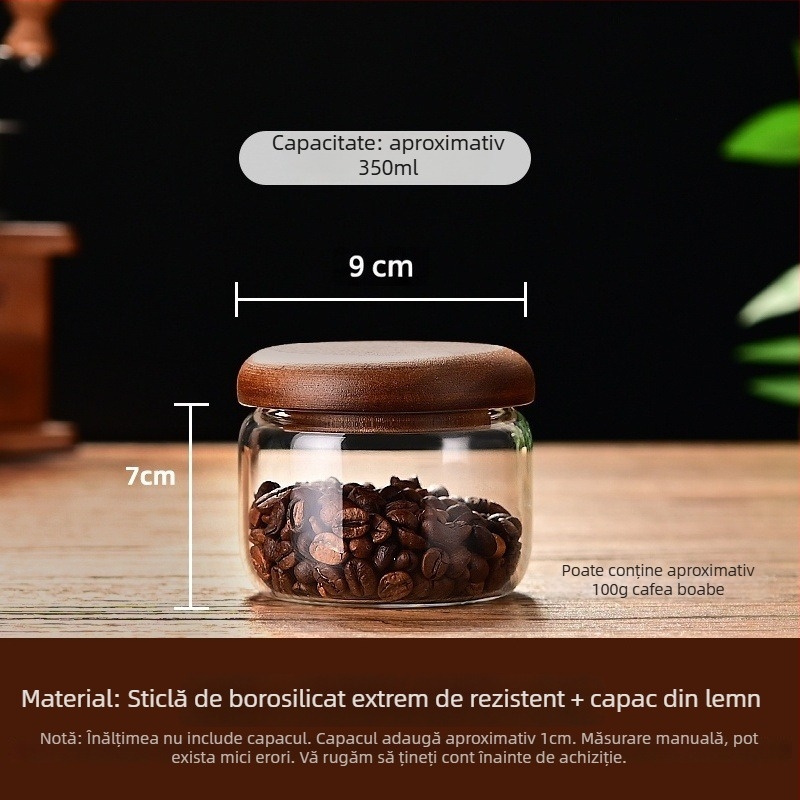 Recipient din sticlă borosilicat cu capac din lemn, cilindric, 301–500 ml, compatibil cu cuptorul cu microunde