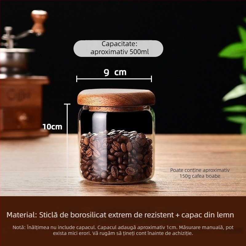 Recipient din sticlă borosilicat cu capac din lemn, cilindric, 301–500 ml, compatibil cu cuptorul cu microunde
