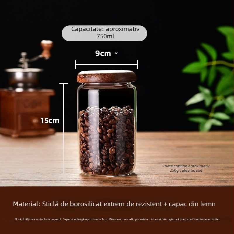 Recipient din sticlă borosilicat cu capac din lemn, cilindric, 301–500 ml, compatibil cu cuptorul cu microunde