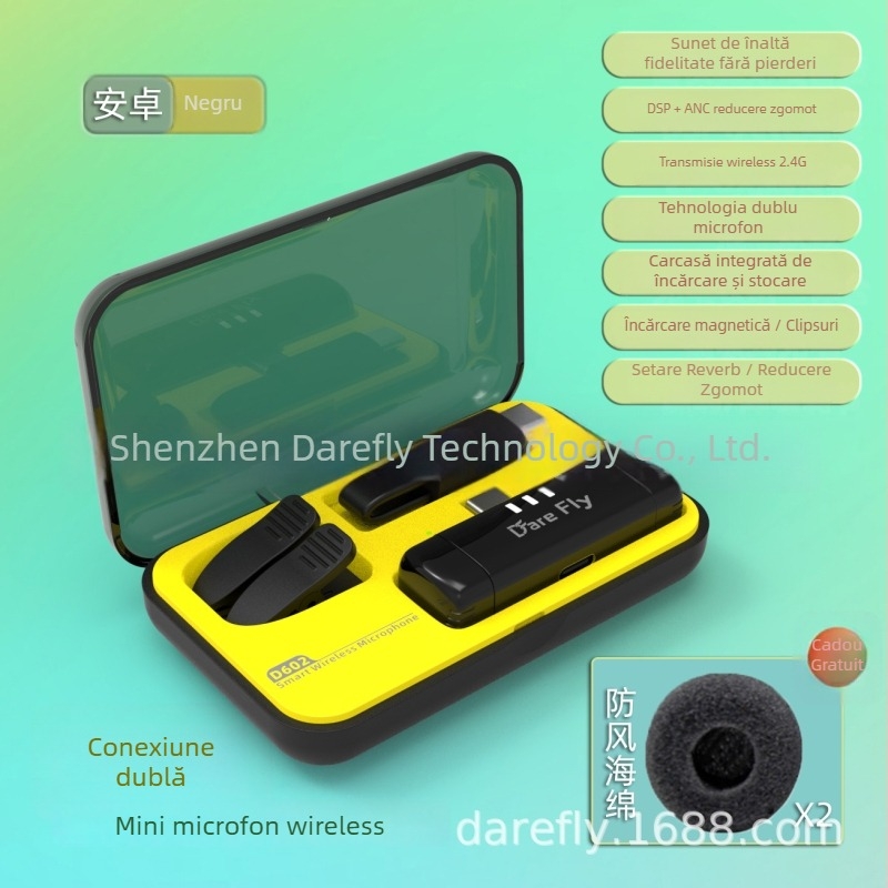 Microfon Lavalier D602 cu baterie încorporată 300–500 mAh, interval de frecvență 30 Hz–15 kHz, SNR sub 60 dB, autonomie 1–3 ore, pentru streaming live și filmări de produs