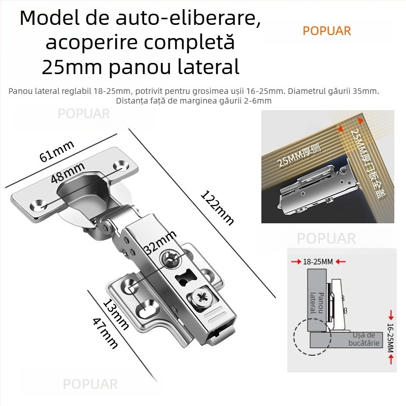 HITE balama pentru ușă de dulap, oțel inoxidabil, amortizare hidraulică, detașabil