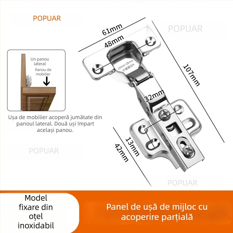 HITE balama pentru ușă de dulap, oțel inoxidabil, amortizare hidraulică, detașabil