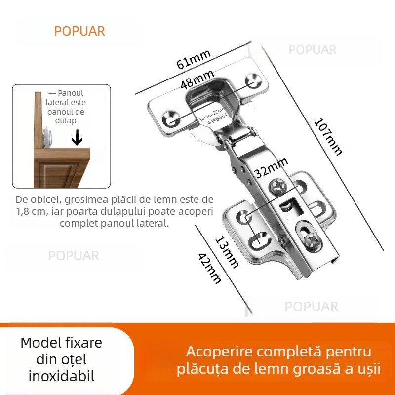 HITE balama pentru ușă de dulap, oțel inoxidabil, amortizare hidraulică, detașabil