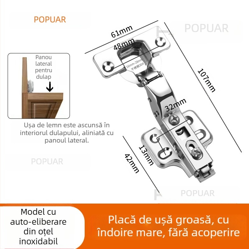 HITE balama pentru ușă de dulap, oțel inoxidabil, amortizare hidraulică, detașabil