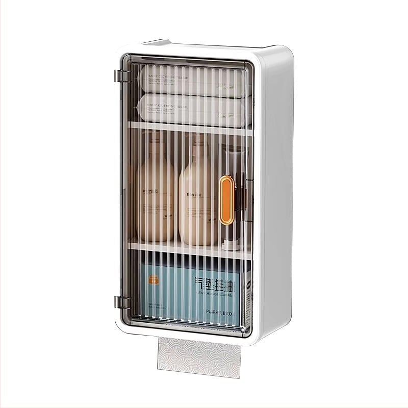 Dulap de baie montat pe perete, fără găuri, din plastic, cu 3 etaje, suport pentru hârtie igienică, rezistent la apă, stil modern minimalist