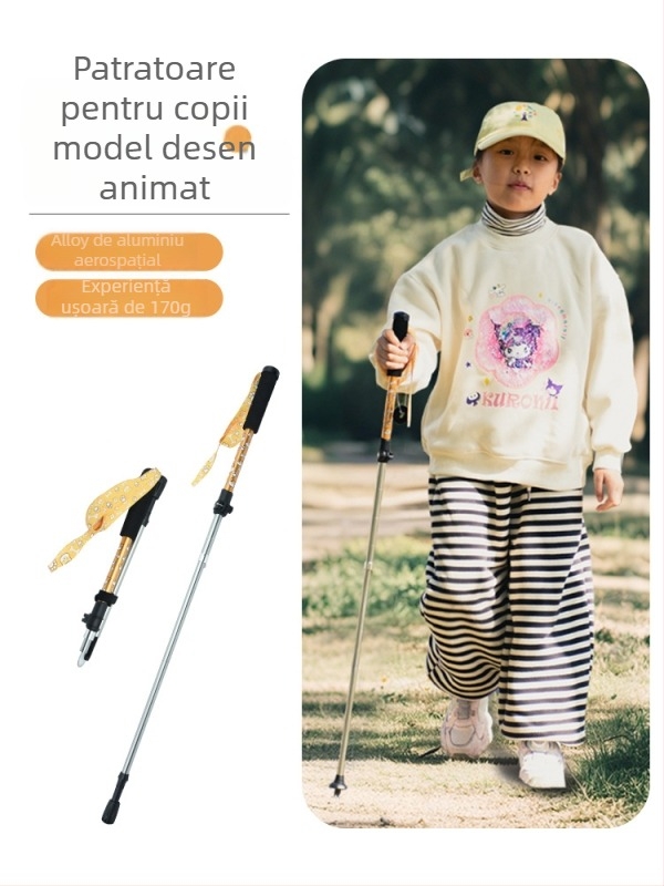 Bețișor de drumeție pentru copii, aliaj de aluminiu, 170 g, 3 secțiuni, mecanism de blocare extern, mâner drept