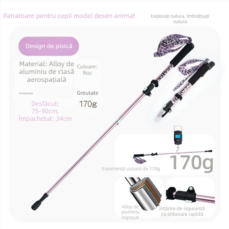 Bețișor de drumeție pentru copii, aliaj de aluminiu, 170 g, 3 secțiuni, mecanism de blocare extern, mâner drept