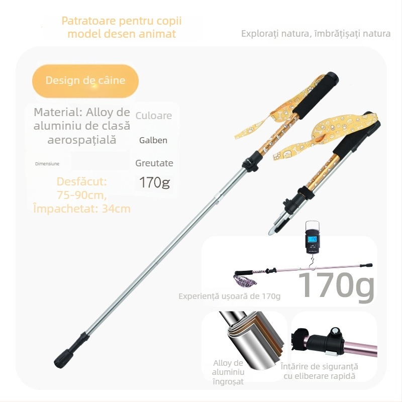 Bețișor de drumeție pentru copii, aliaj de aluminiu, 170 g, 3 secțiuni, mecanism de blocare extern, mâner drept