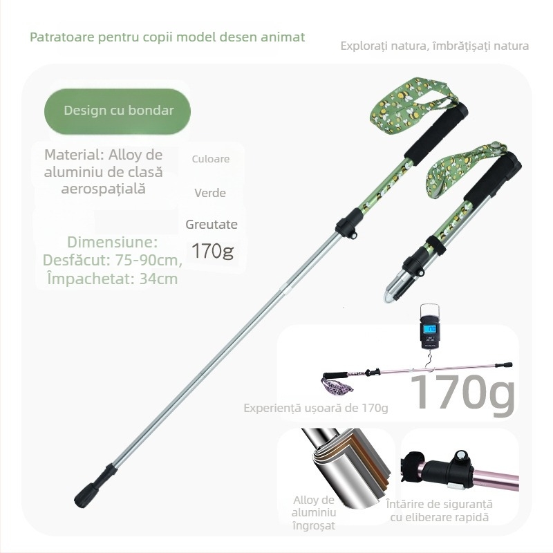 Bețișor de drumeție pentru copii, aliaj de aluminiu, 170 g, 3 secțiuni, mecanism de blocare extern, mâner drept