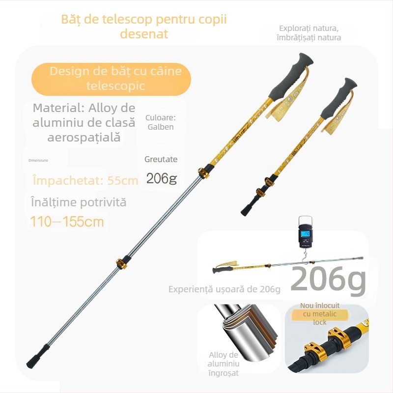 Bețișor de drumeție pentru copii, aliaj de aluminiu, 170 g, 3 secțiuni, mecanism de blocare extern, mâner drept