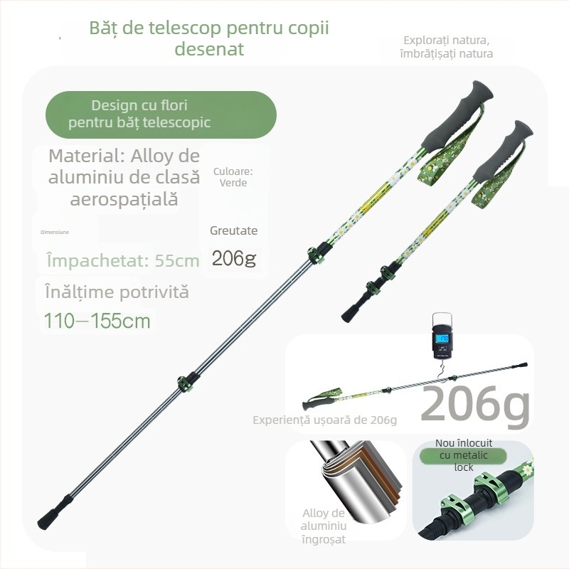 Bețișor de drumeție pentru copii, aliaj de aluminiu, 170 g, 3 secțiuni, mecanism de blocare extern, mâner drept