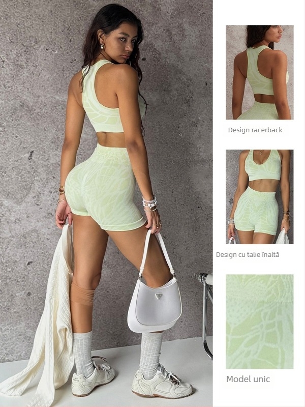 Set de yoga pentru femei: top și șorturi din poliester/nylon, uscare rapidă, croială slim, fără bureți pentru sân