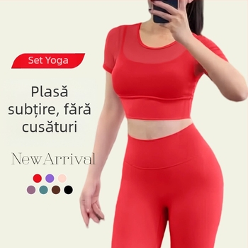Set de yoga: Top cu guler rotund din plasă, mâneci scurte, cu pernă pentru bust, stil pulover, pantaloni – pentru yoga și fitness