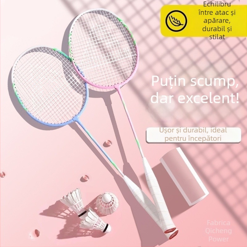 Set de rachete badminton (pereche) pentru adulți și copii, cadru din aliaj de aluminiu, fire din nailon, greutate 95–100 g, șaft drept