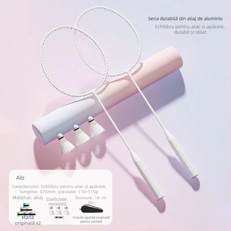 Set de rachete badminton (pereche) pentru adulți și copii, cadru din aliaj de aluminiu, fire din nailon, greutate 95–100 g, șaft drept