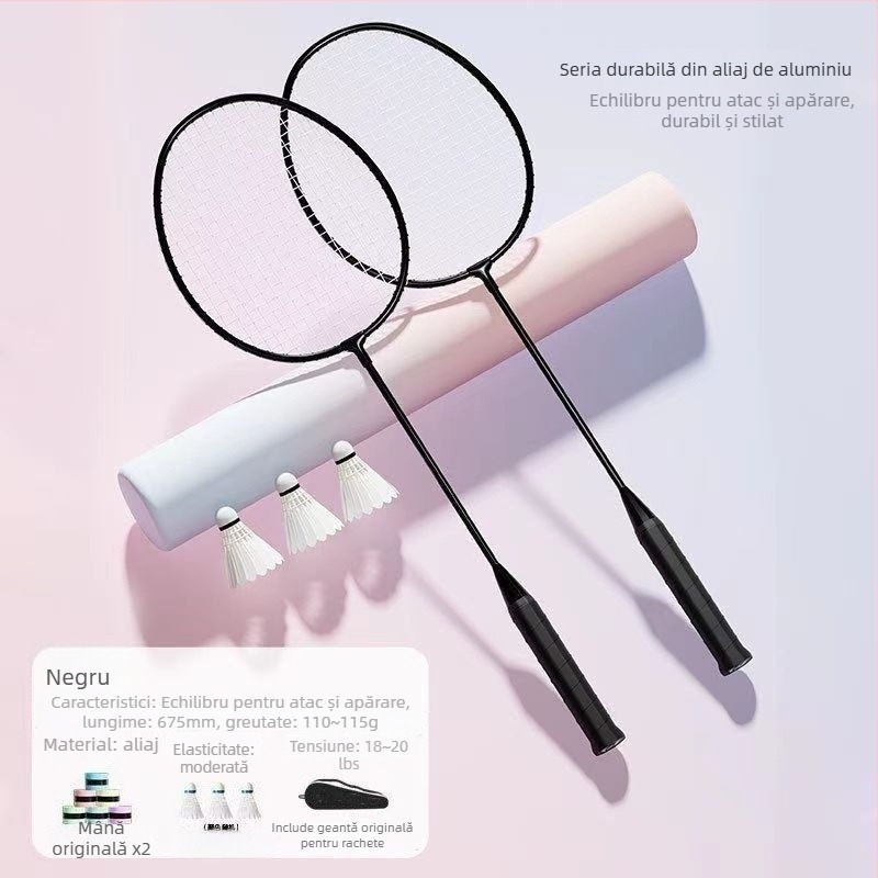 Set de rachete badminton (pereche) pentru adulți și copii, cadru din aliaj de aluminiu, fire din nailon, greutate 95–100 g, șaft drept