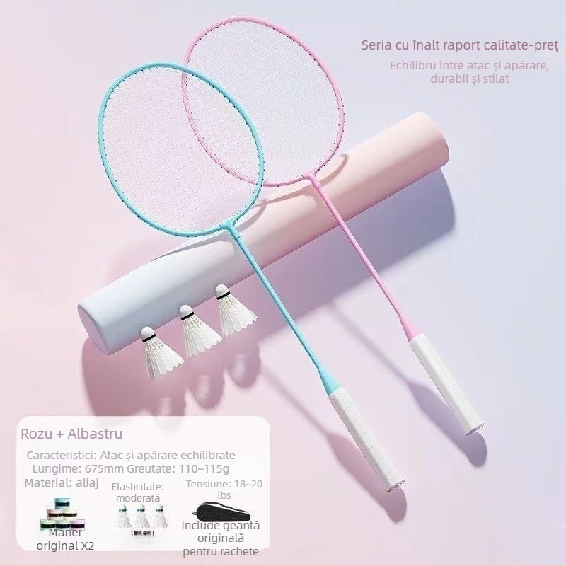 Set de rachete badminton (pereche) pentru adulți și copii, cadru din aliaj de aluminiu, fire din nailon, greutate 95–100 g, șaft drept