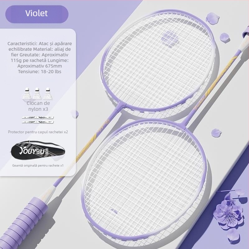 Set de rachete badminton (pereche) pentru adulți și copii, cadru din aliaj de aluminiu, fire din nailon, greutate 95–100 g, șaft drept