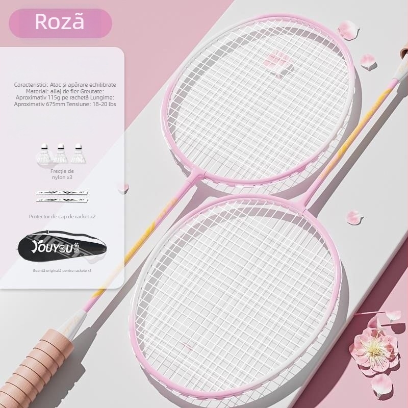 Set de rachete badminton (pereche) pentru adulți și copii, cadru din aliaj de aluminiu, fire din nailon, greutate 95–100 g, șaft drept