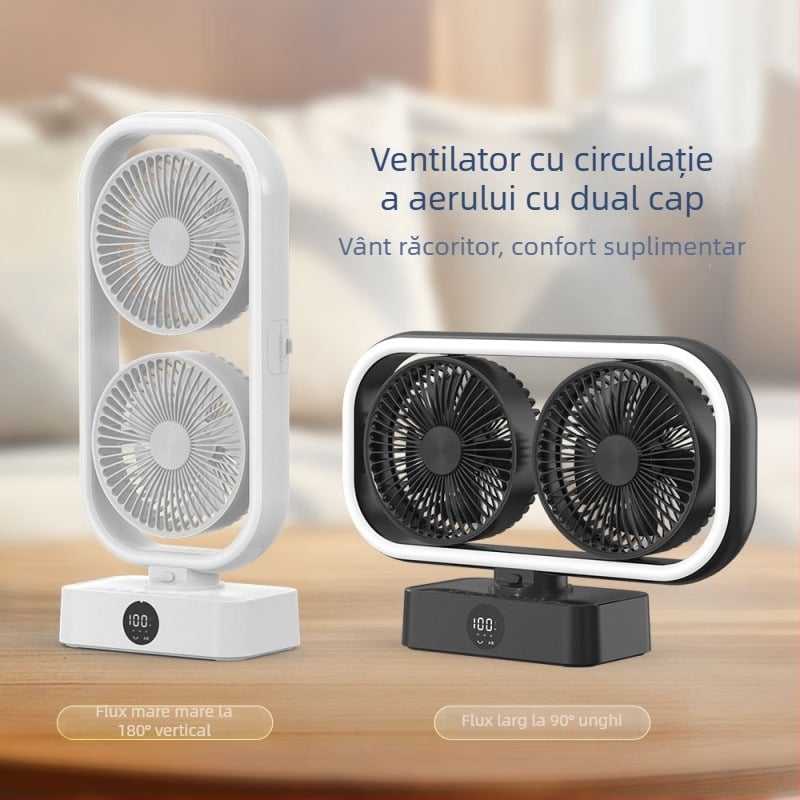 Ventilator de birou cu două capete și iluminare - USB, 5V, 10W, funcționare silențioasă, telecomandă