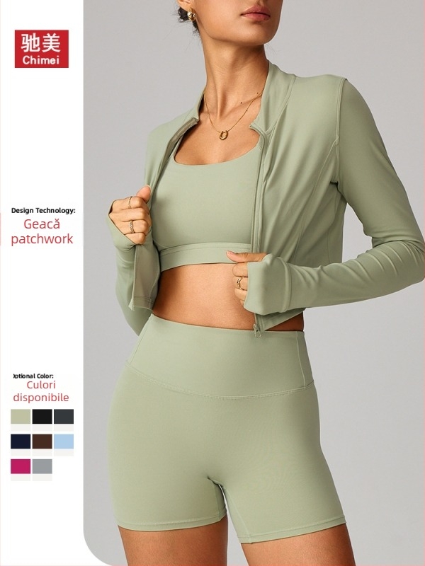 Geacă de alergare pentru exterior și yoga, cu fermoar, croială slim, mâneci lungi, uscare rapidă, material din amestec nylon