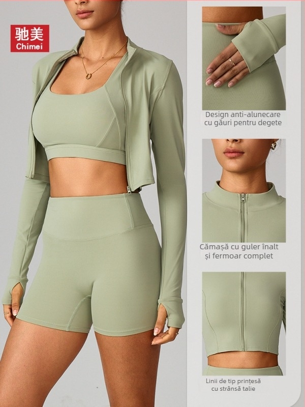 Geacă de alergare pentru exterior și yoga, cu fermoar, croială slim, mâneci lungi, uscare rapidă, material din amestec nylon