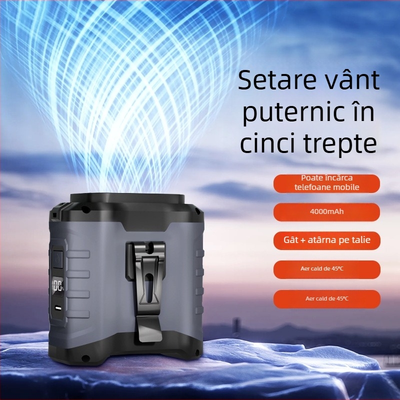 Ventilator de talie pentru exterior, încărcare USB, baterie încorporată de 6000mAh, motor brushless, 5 viteze, autonomie peste 12 ore
