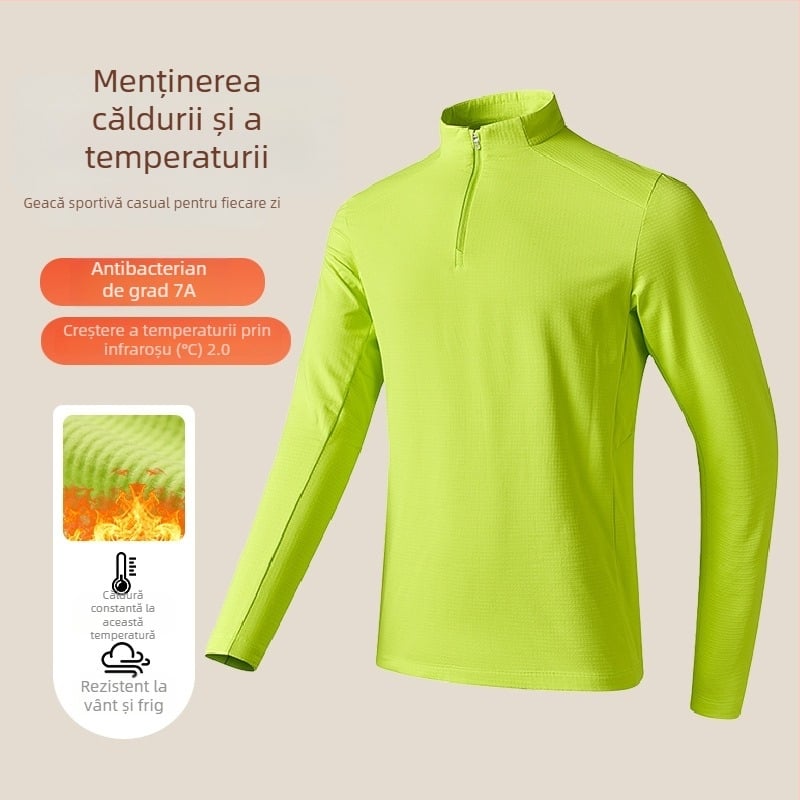 Tricou sport pentru bărbați cu guler înalt, poliester respirabil, mâneci lungi, croială slim fit