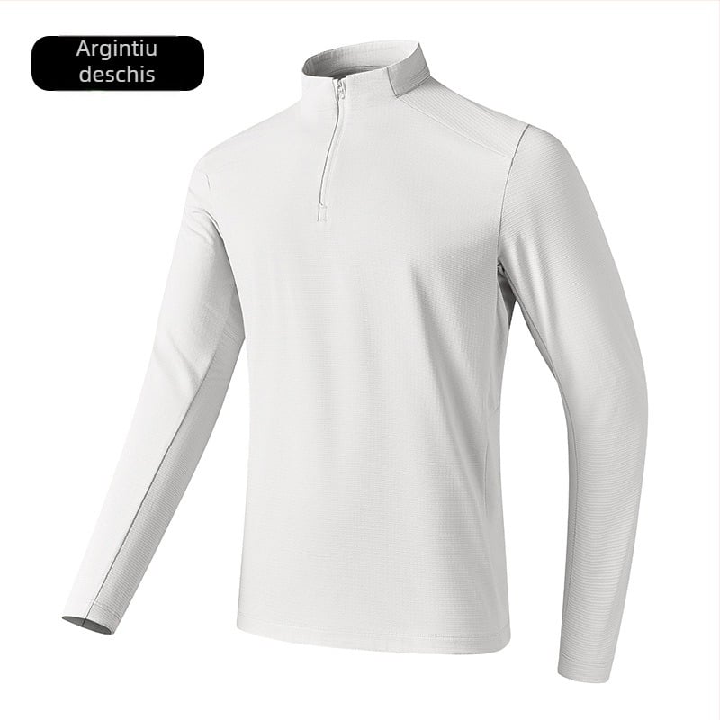 Tricou sport pentru bărbați cu guler înalt, poliester respirabil, mâneci lungi, croială slim fit