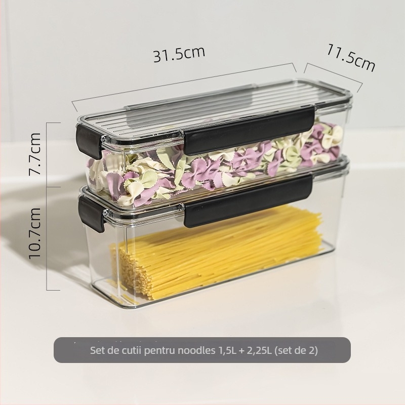 Cutie de depozitare pentru tăiței, plastic alimentar, pătrată, sigilată, capacitate 1–2 L