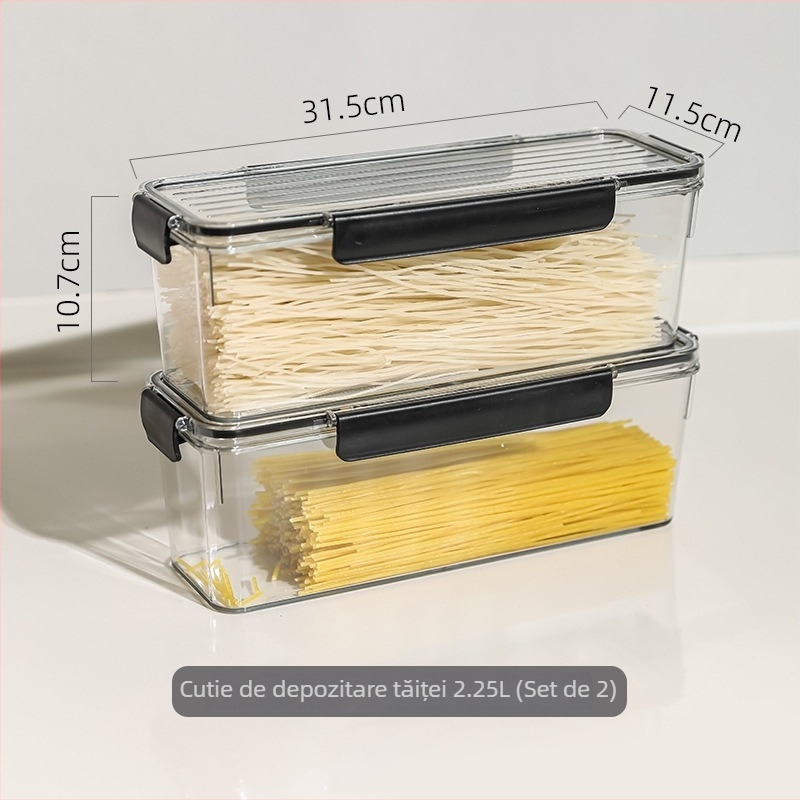 Cutie de depozitare pentru tăiței, plastic alimentar, pătrată, sigilată, capacitate 1–2 L