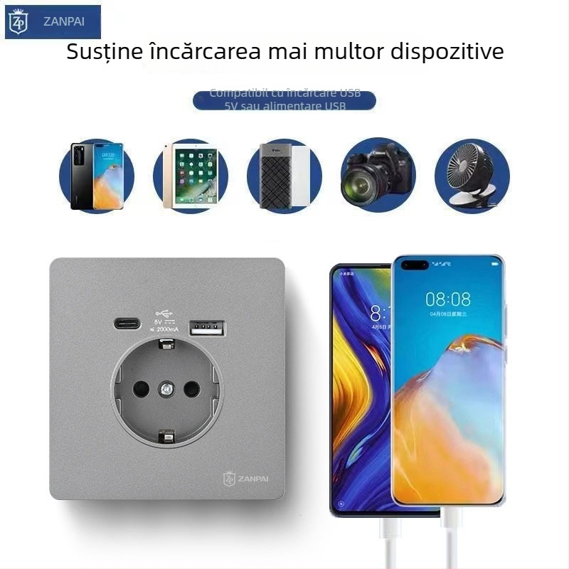 Prize de perete Zan Brand, standard european, USB Type-C 2A, 16A, montaj pe perete, certificat CE