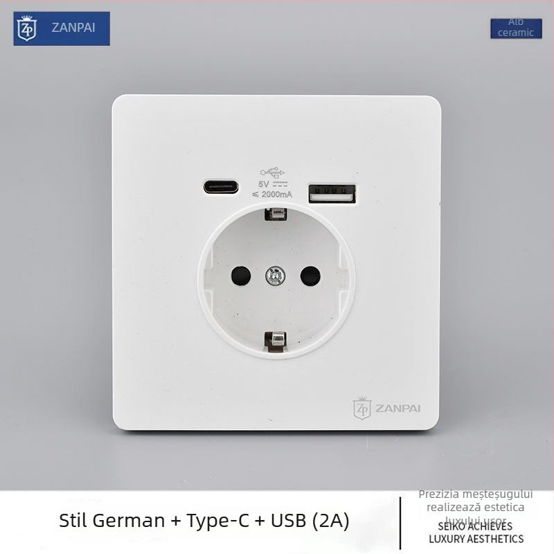 Prize de perete Zan Brand, standard european, USB Type-C 2A, 16A, montaj pe perete, certificat CE