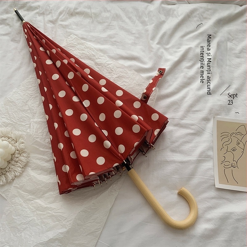 Umbrelă pentru două persoane, mâner lung din lemn, 16 brațe, cadru din fier, deschidere semi-automată, țesătură 190T