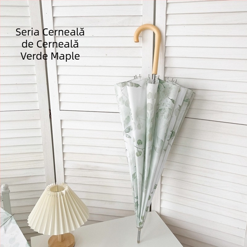 Umbrelă pentru două persoane, mâner lung din lemn, 16 brațe, cadru din fier, deschidere semi-automată, țesătură 190T