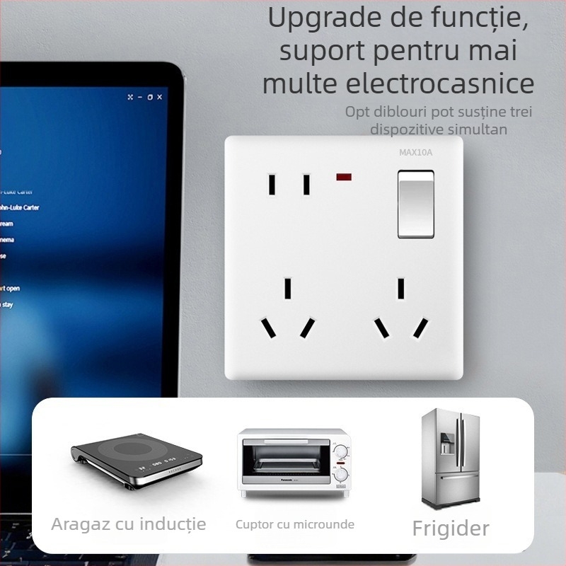 Panou întrerupător/priză de perete, 1-gang cu 8 găuri, tip 86, montaj pe perete, nou standard național, 10A, AC250V